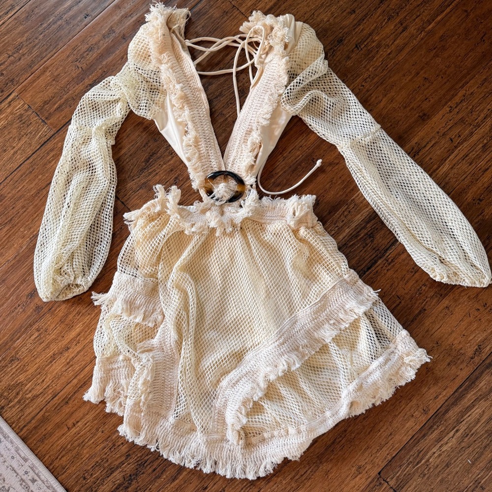 Boho‎ Cream Fishnet Fringe Romper Deep V-Neck Lace Up Back Balloon Sleeve Small